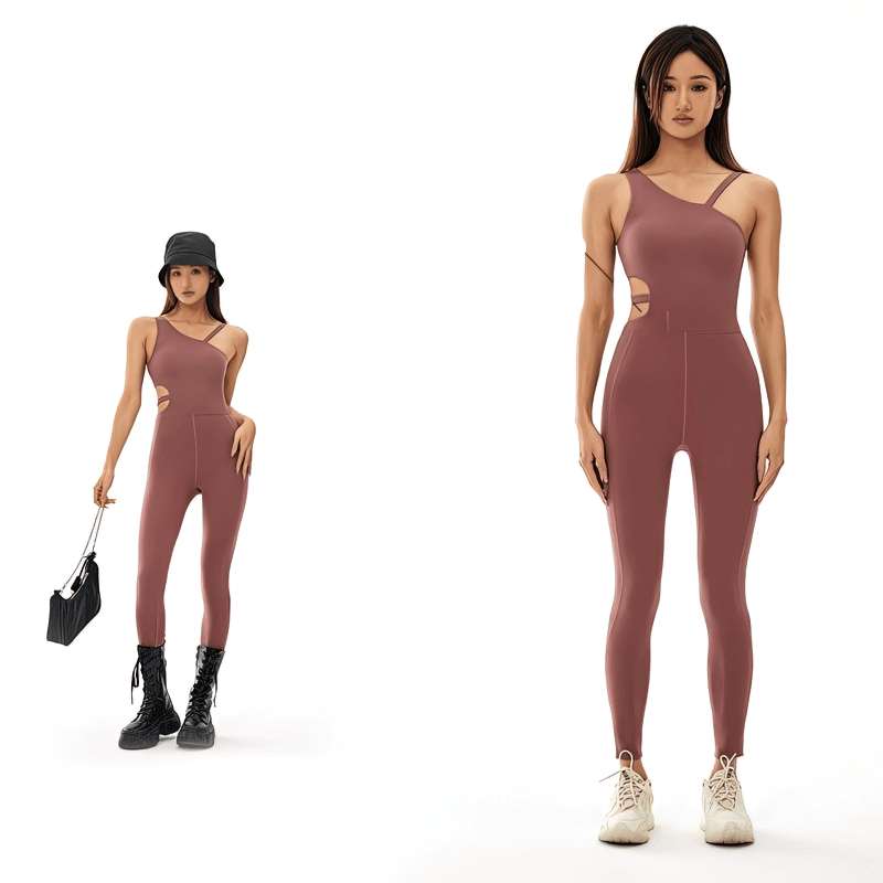Women's sleeveless yoga jumpsuit showcasing flexible, stylish design with a model wearing it, perfect for yoga poses and comfy movement.